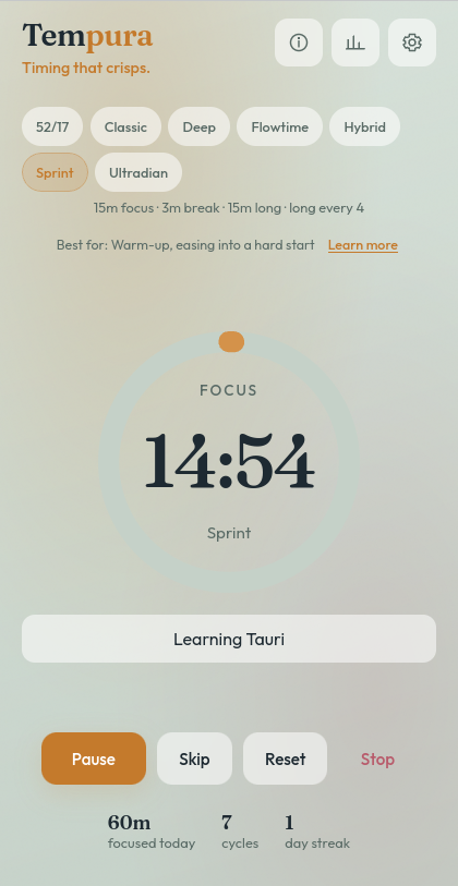 Tempura timer on Sprint: 14:54 remaining, working on Learning Tauri